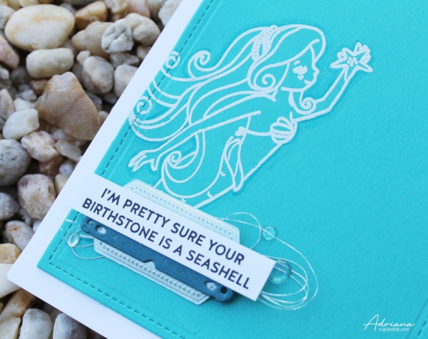 closeup of mermaid birthday card; images by Simon Says Stamp